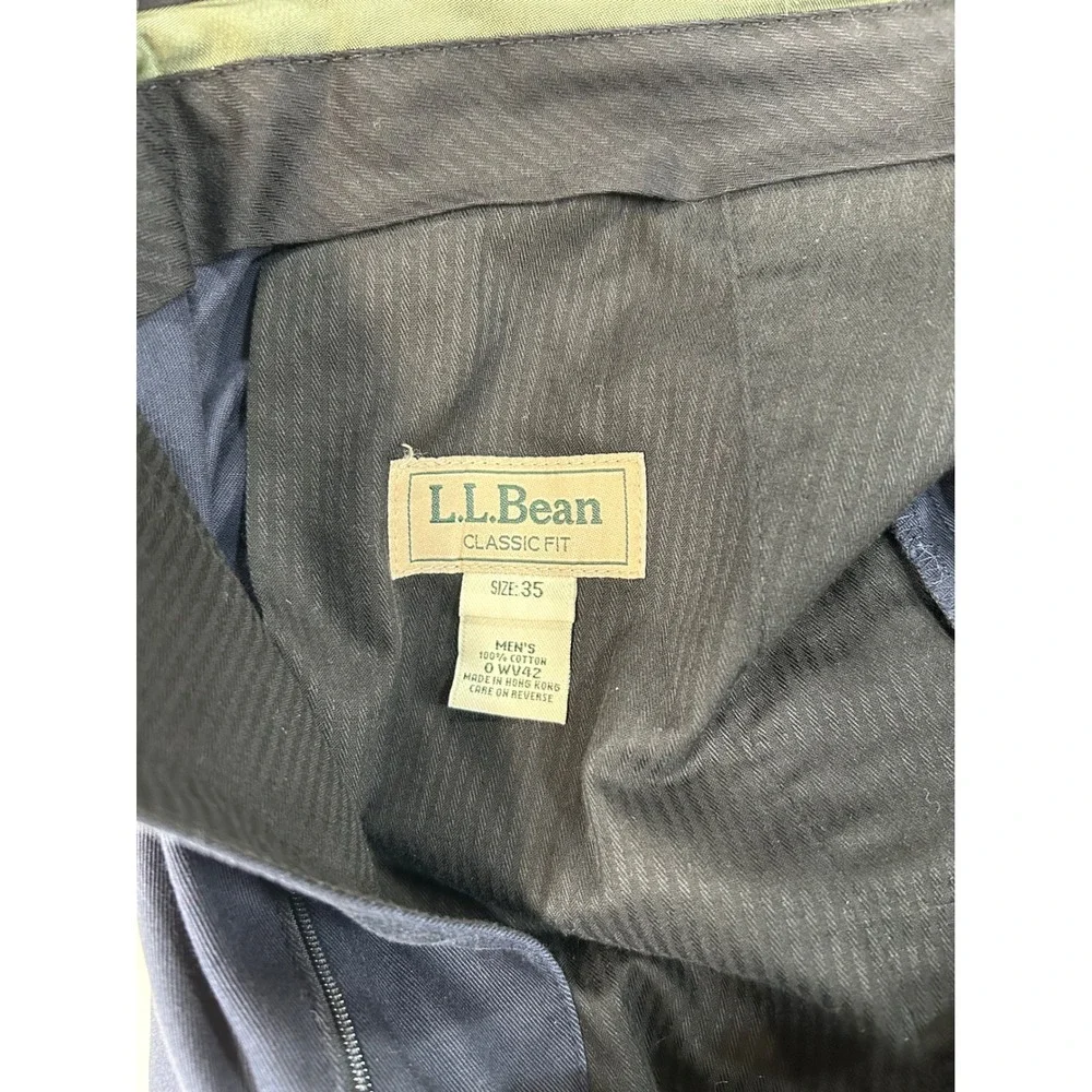 LL Bean Classic Fit Preppy Pleated Chinos Mens 35x30 Navy Blue Cotton Trousers‎